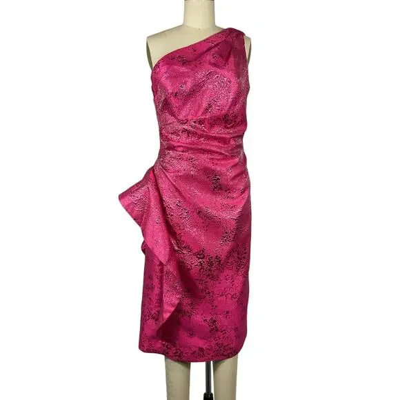 Teri Jon Jacquard Hot Pink One Shoulder Ruffle Dress Size 6 - Picture 2 of 6